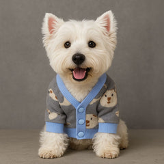 Gray Blue Knit Dog Cardigan with Bear Print