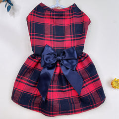 Red Plaid Dog Dress with Navy Bow