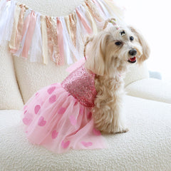Pink Sequin Dog Dress with Heart Tulle Skirt