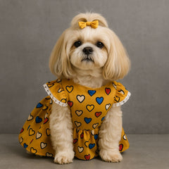 Yellow Dog Dress with Colorful Heart Print