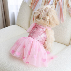 Pink Sequin Dog Dress with Heart Tulle Skirt