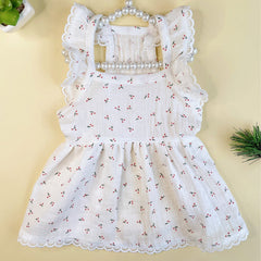 White Cherry Print Dog Dress with Lace Trim
