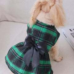 Red Plaid Dog Dress with Navy Bow
