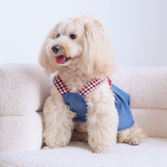Denim Dog Dress with Plaid Straps and Pocket