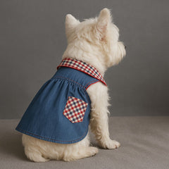 Denim Dog Dress with Plaid Straps and Pocket