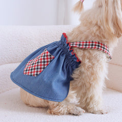 Denim Dog Dress with Plaid Straps and Pocket