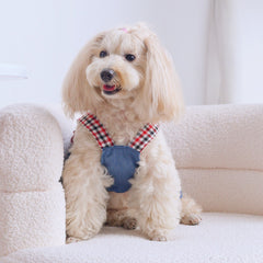Denim Dog Dress with Plaid Straps and Pocket