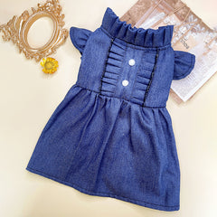 Denim Dog Dress with Ruffles and Button Detail