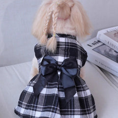 Red Plaid Dog Dress with Navy Bow