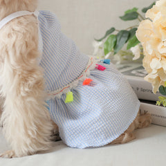 Blue Striped Dog Sundress with Colorful Tassels