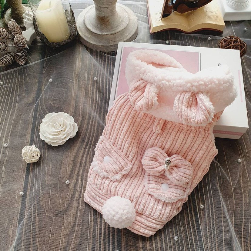 Dog Hoodie Pink Teddy Winter Lovely Pet  Bow  Jumpsuit