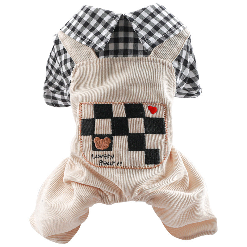 Pet Cute Casual Bear Checkerboard Dog Jumpsuit