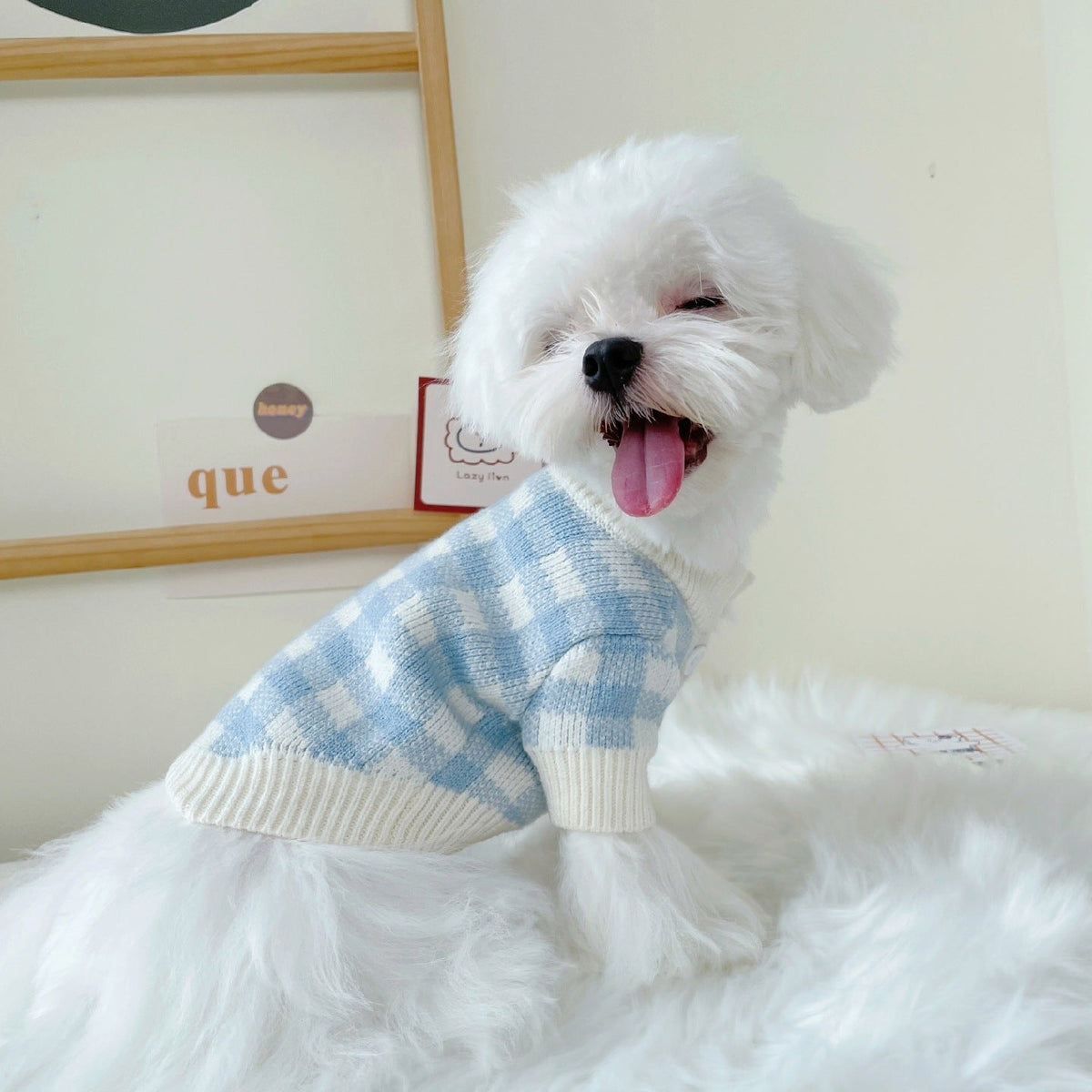 Dog Dresses Blue Plaid Pet Warm Sweater