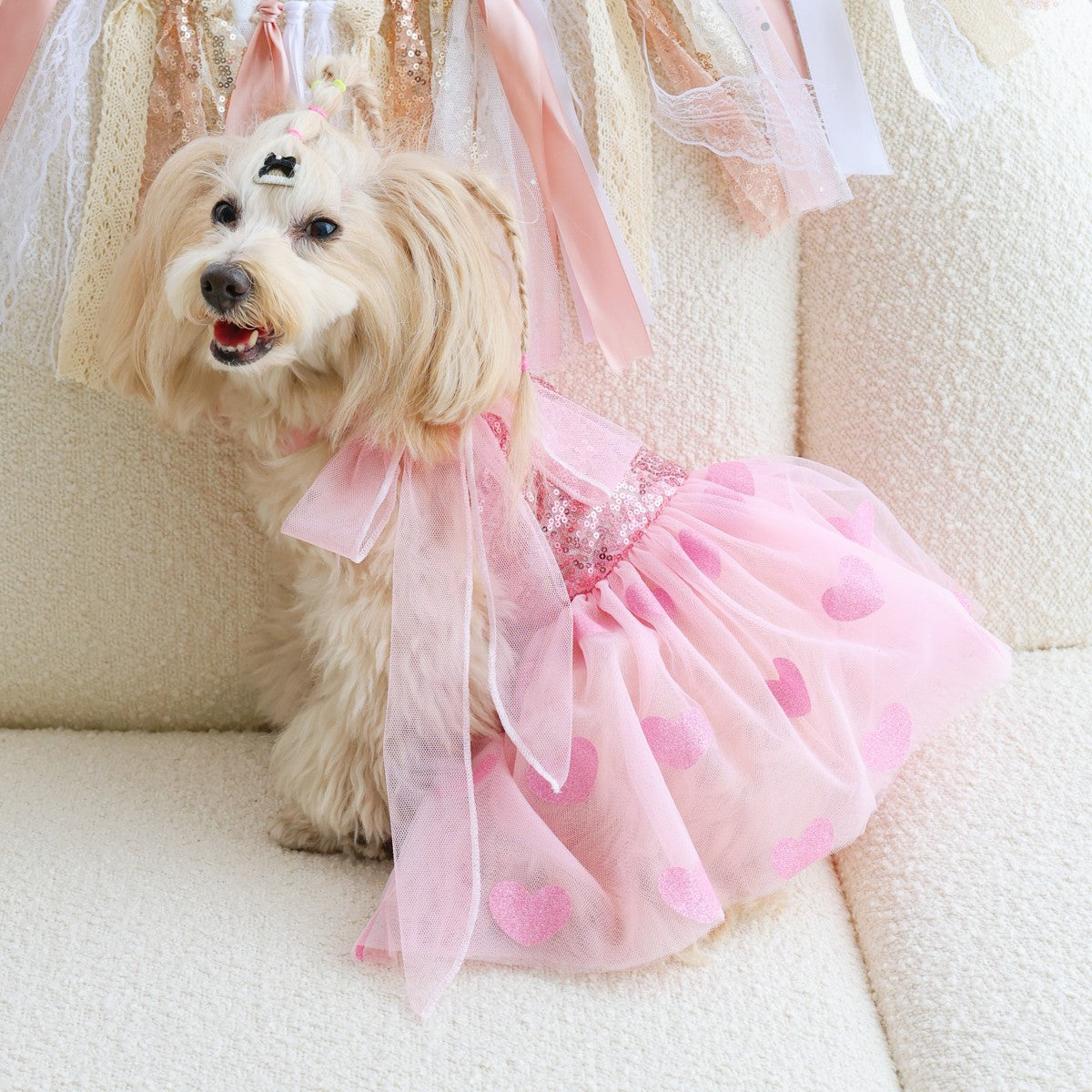 Pink Sequin Dog Dress with Heart Tulle Skirt
