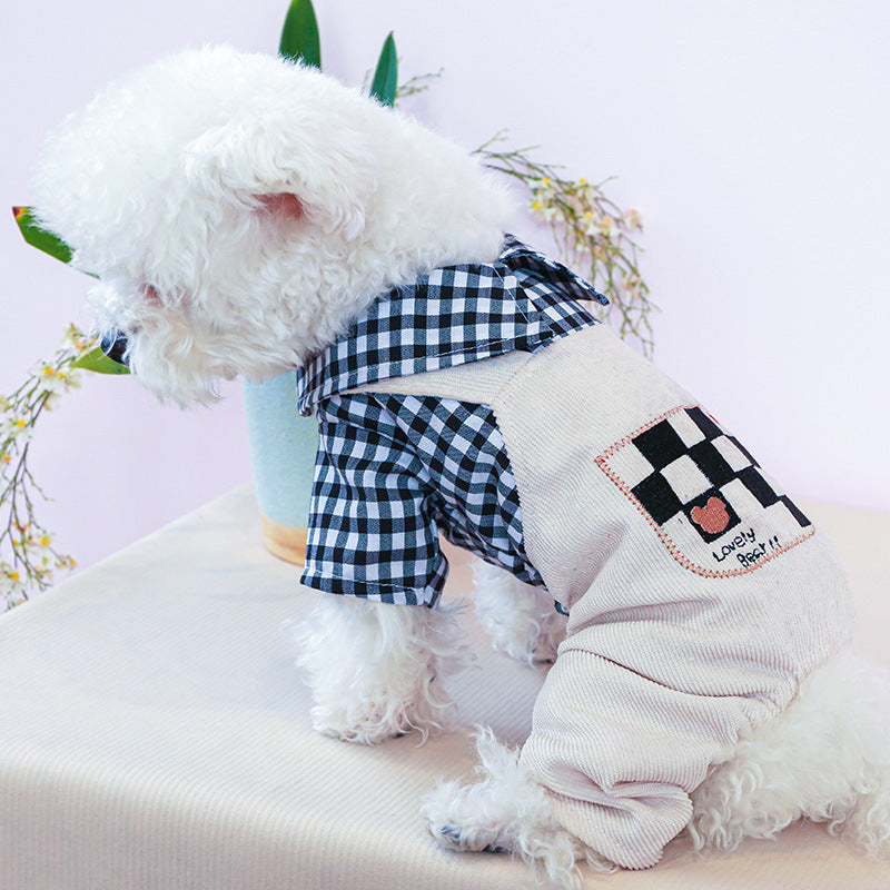 Pet Cute Casual Bear Checkerboard Dog Jumpsuit