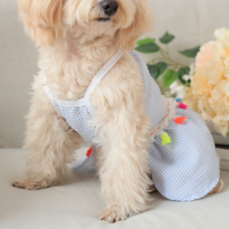 Blue Striped Dog Sundress with Colorful Tassels