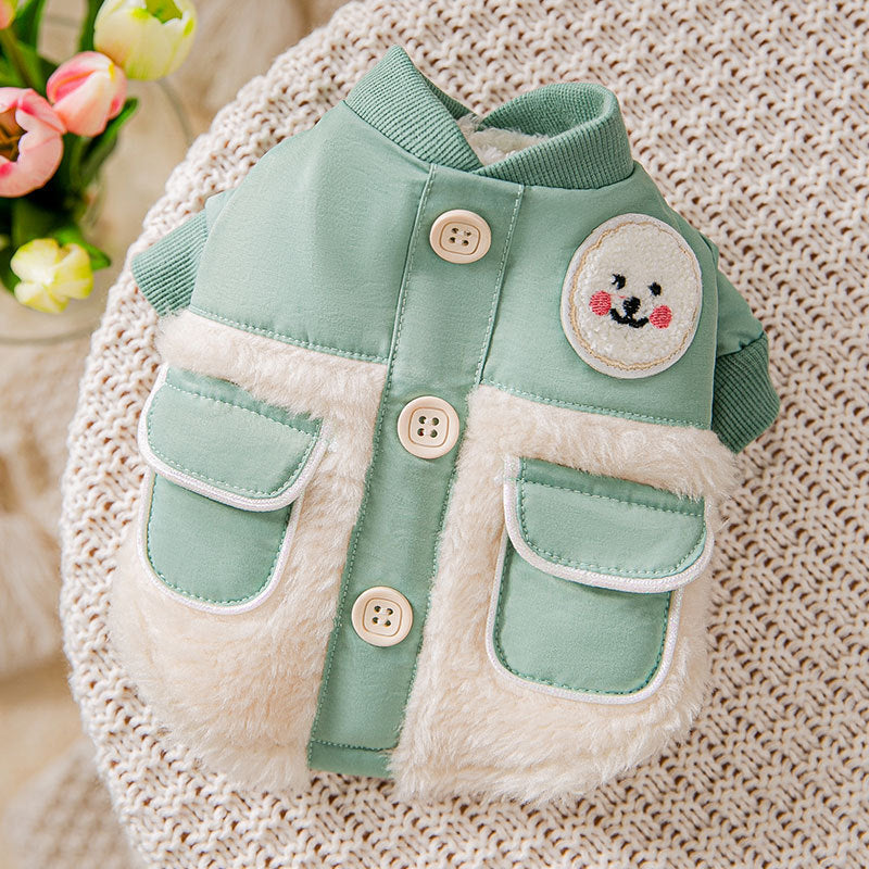 Dog Shirts Green Double Sided Stitching Winter Padded Pet Smile Coat