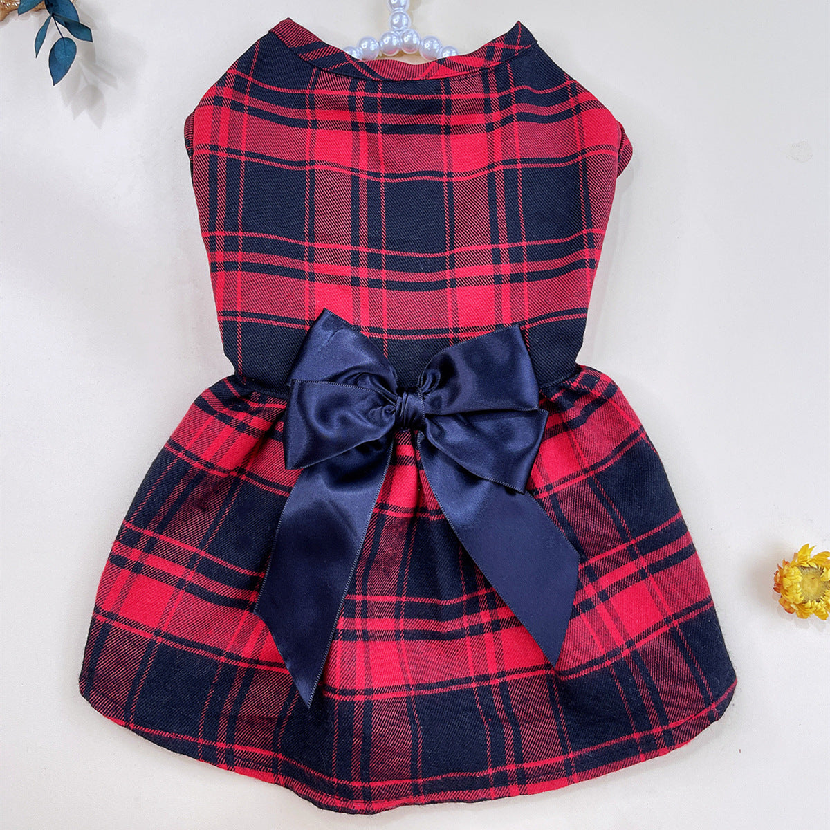 Red Plaid Dog Dress with Navy Bow