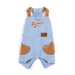 Leash-Attachable Blue & White Striped Denim Overalls
