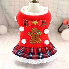 Dress of Dog Christmas Pet Gingerbread Man Red Plaid Skirt