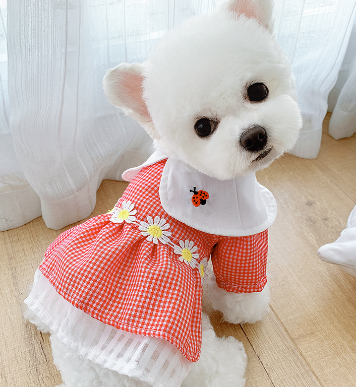 Dog Dress Pet  Plaid Ladybug Print Skirt