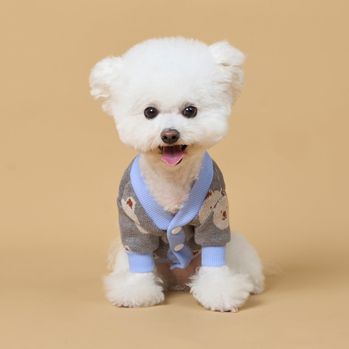 Gray Blue Knit Dog Cardigan with Bear Print