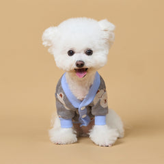 Gray Blue Knit Dog Cardigan with Bear Print