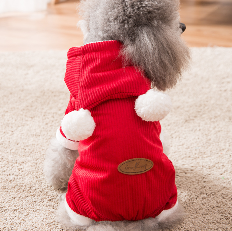 Dog Hoodie Red Winter Christmas  Cotton Jumpsuit