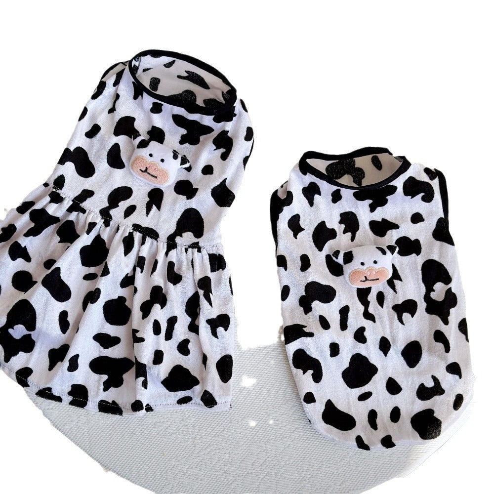 Cow Print Dog Clothes Set with Dress and Vest