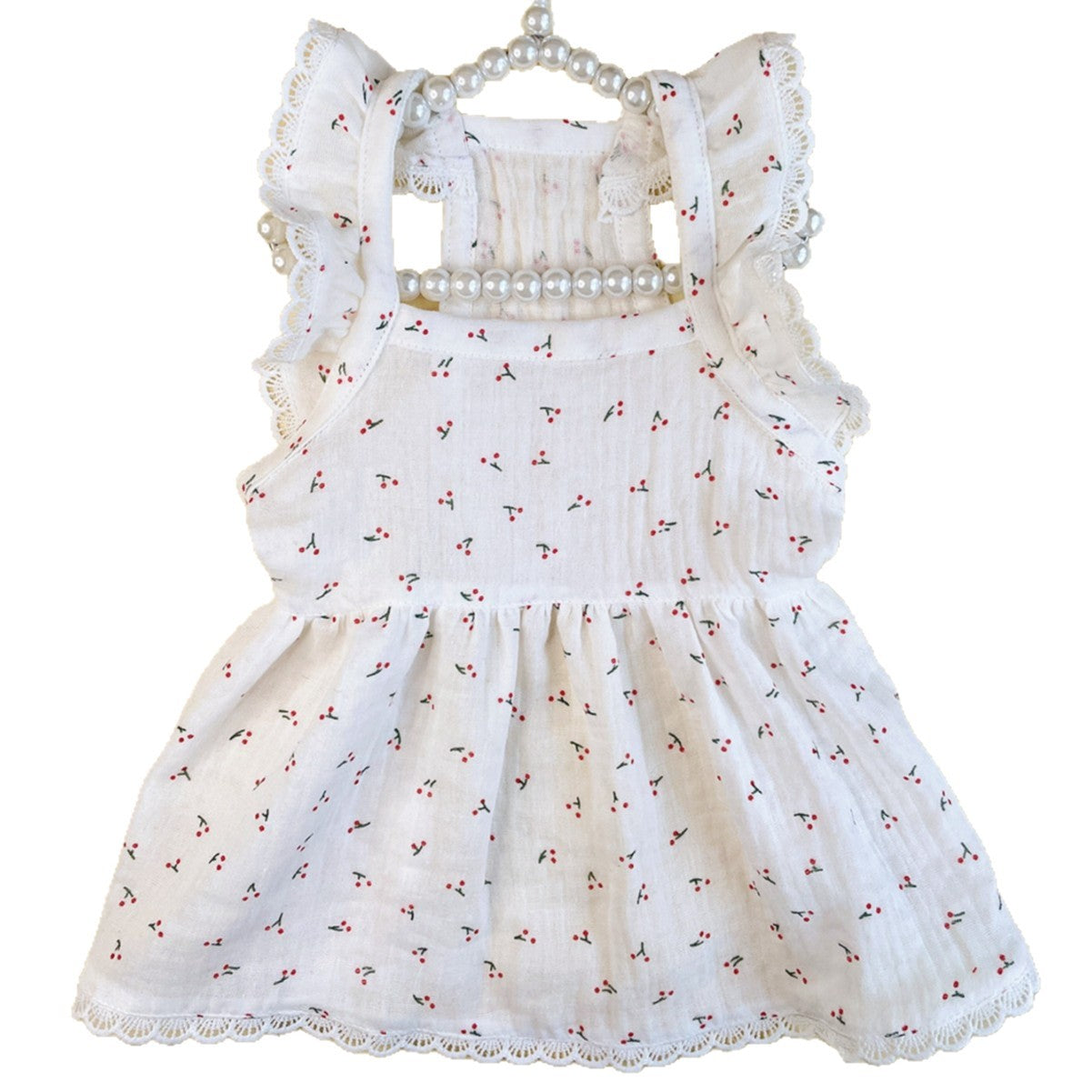 White Cherry Print Dog Dress with Lace Trim