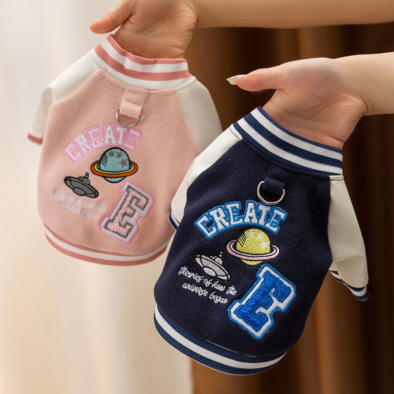 Pink Varsity Dog Jacket with Space Embroidery