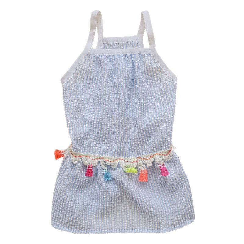 Blue Striped Dog Sundress with Colorful Tassels