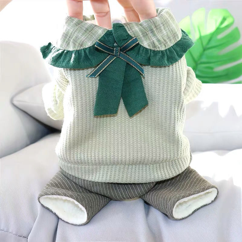 Dog Shirts Green Bow Lapel Cotton Jumosuit