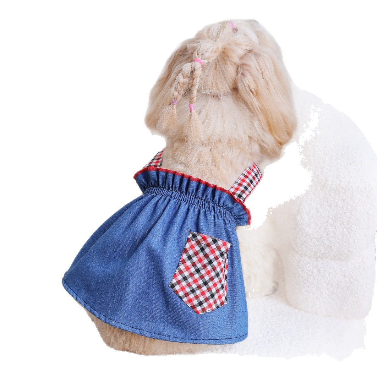 Denim Dog Dress with Plaid Straps and Pocket