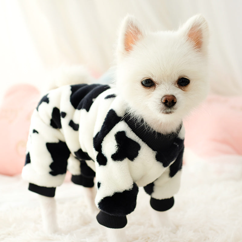 Dog Shirts White Cow Winter Velvet Pet Jumpsuit