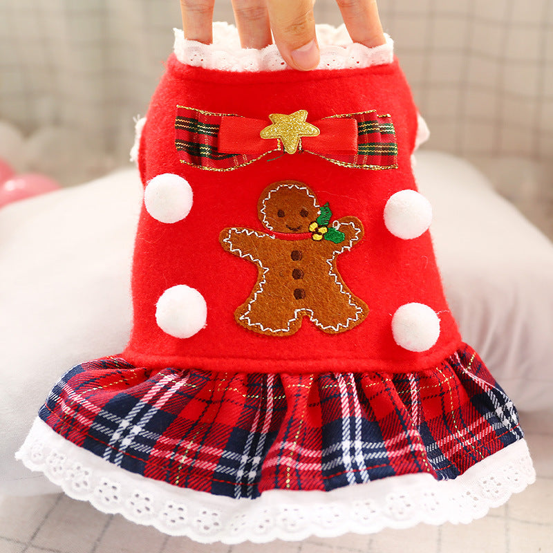 Dress of Dog Christmas Pet Gingerbread Man Red Plaid Skirt