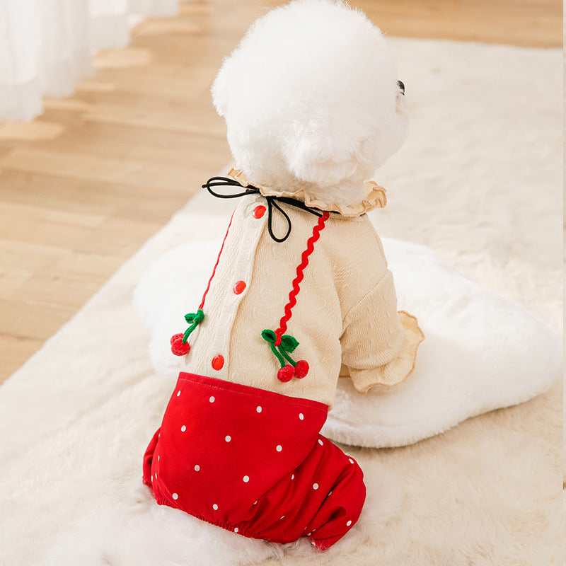 Christmas Dresses for Dogs Red Cherry Autumn Cute Puppy Jumpsuit