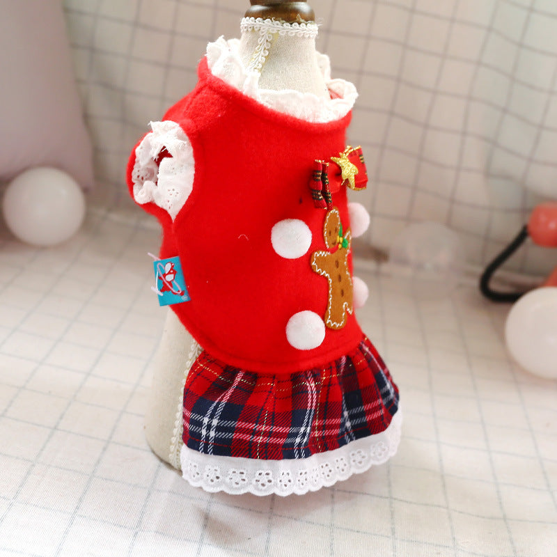 Dress of Dog Christmas Pet Gingerbread Man Red Plaid Skirt