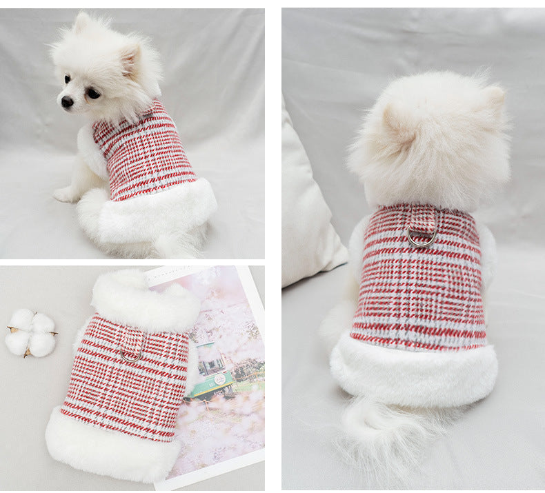 Dog Hoodie Grey Fur Plaid Cute Warm Vest Coats