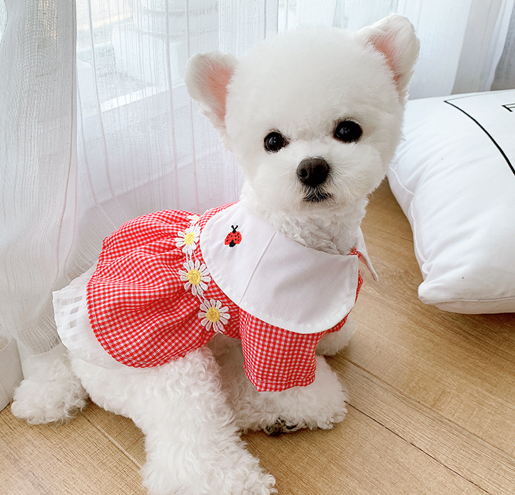 Dog Dress Pet  Plaid Ladybug Print Skirt