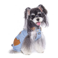 Leash-Attachable Blue & White Striped Denim Overalls