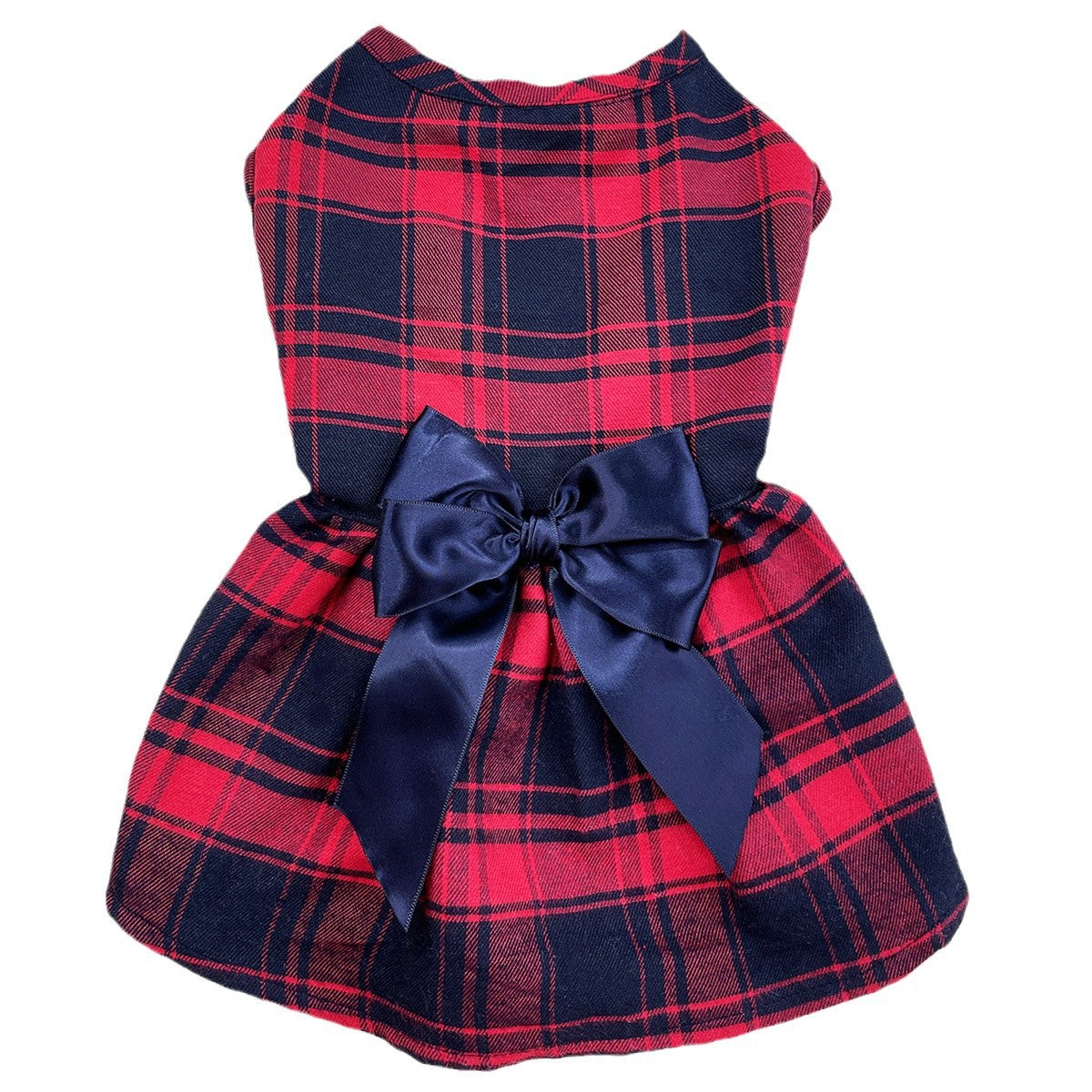 Red Plaid Dog Dress with Navy Bow