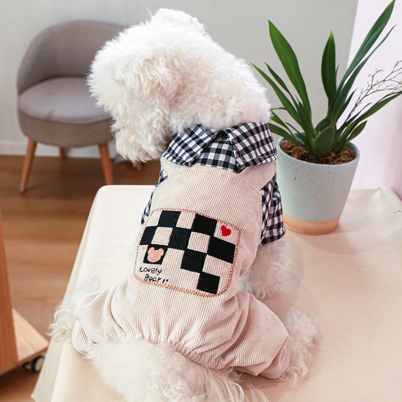 Pet Cute Casual Bear Checkerboard Dog Jumpsuit