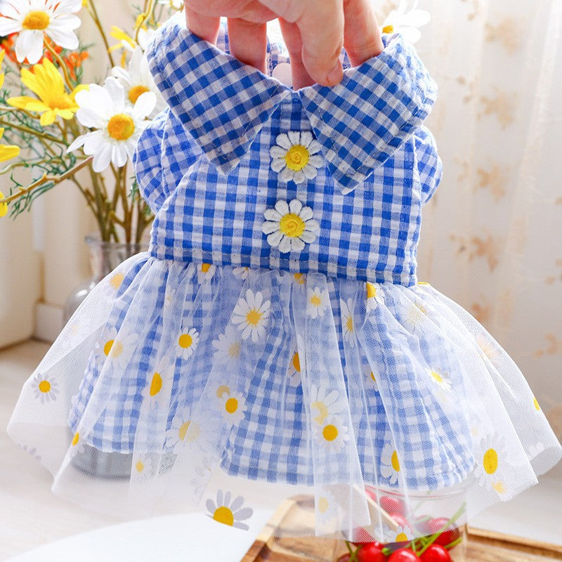 Dog Dress Blue Spring Flower Plaid Lace