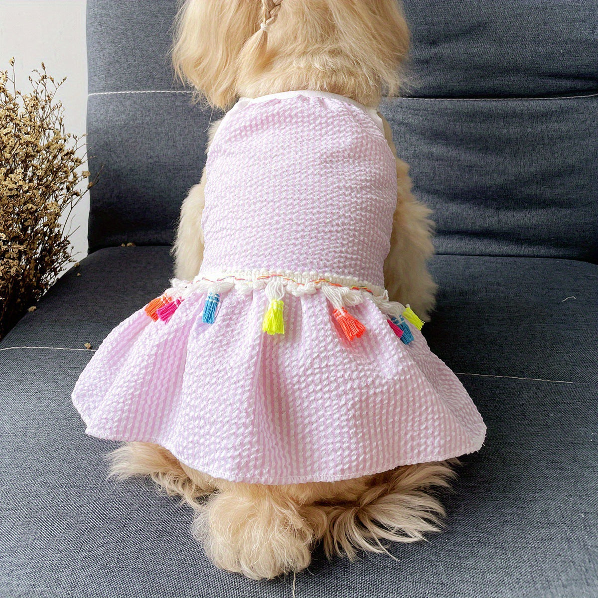 Blue Striped Dog Sundress with Colorful Tassels
