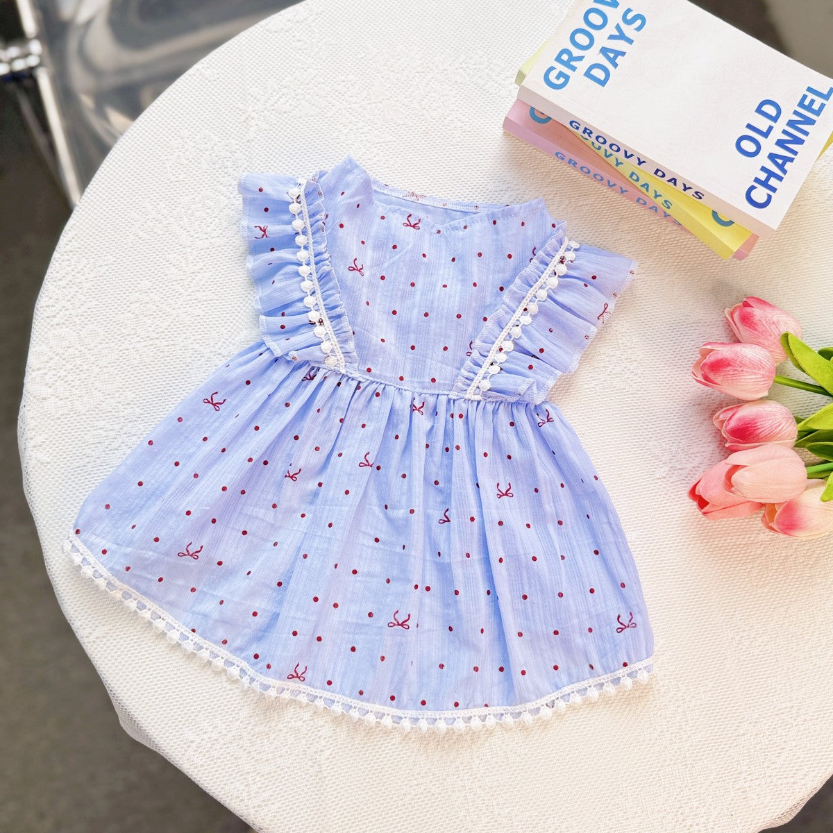 Blue Polka Dot Dog Dress with Ruffles